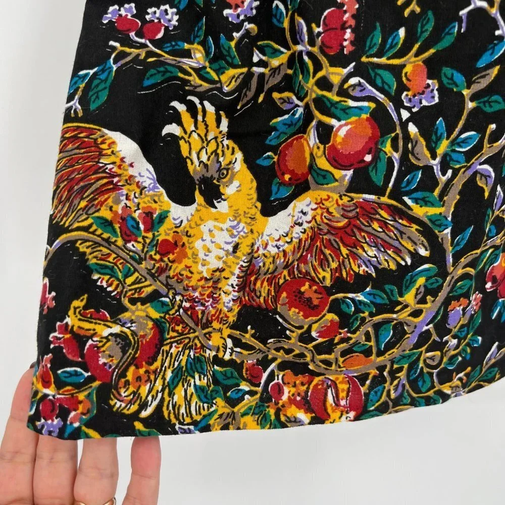 Black Vintage Handmade Miniskirt‎ with Cockatoo Parrots Lined Size XS